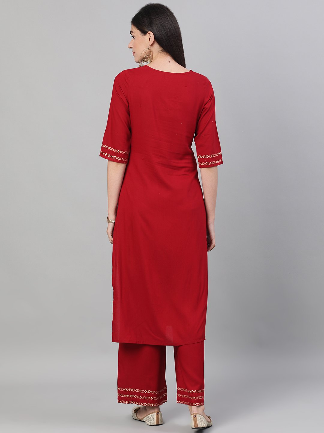Women's Maroon Three-Quarter Sleeves Block Printed Straight Kurta With Palazzo And Pockets