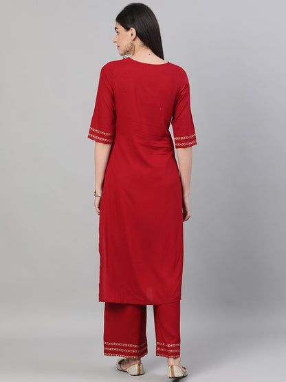 Women's Maroon Three-Quarter Sleeves Block Printed Straight Kurta With Palazzo And Pockets