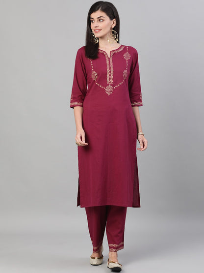 Women's Wine Three-Quarter Sleeves Block Printed Straight Kurta With Palazzo And Pockets