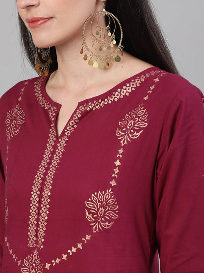 Women's Wine Three-Quarter Sleeves Block Printed Straight Kurta With Palazzo And Pockets