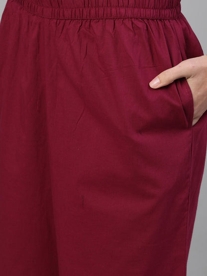 Women's Wine Three-Quarter Sleeves Block Printed Straight Kurta With Palazzo And Pockets