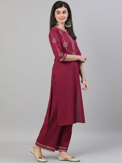 Women's Wine Three-Quarter Sleeves Block Printed Straight Kurta With Palazzo And Pockets