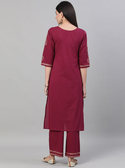 Women's Wine Three-Quarter Sleeves Block Printed Straight Kurta With Palazzo And Pockets