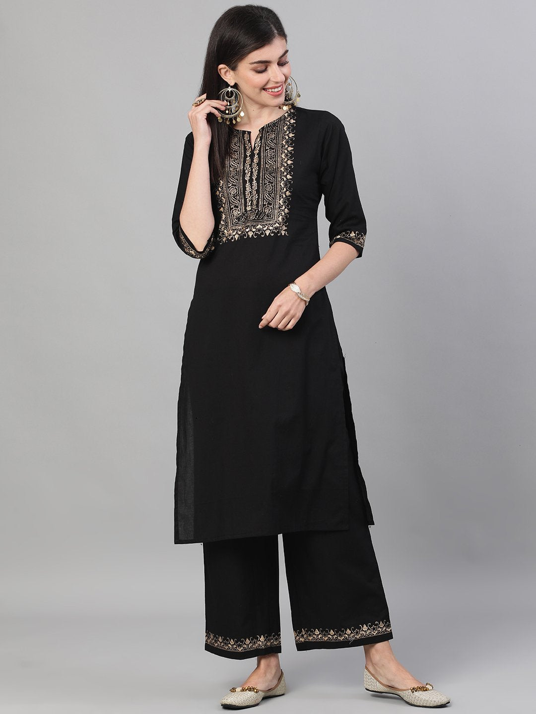 Women's Black Three-Quarter Sleeves Block Printed Straight Kurta With Palazzo And Pockets