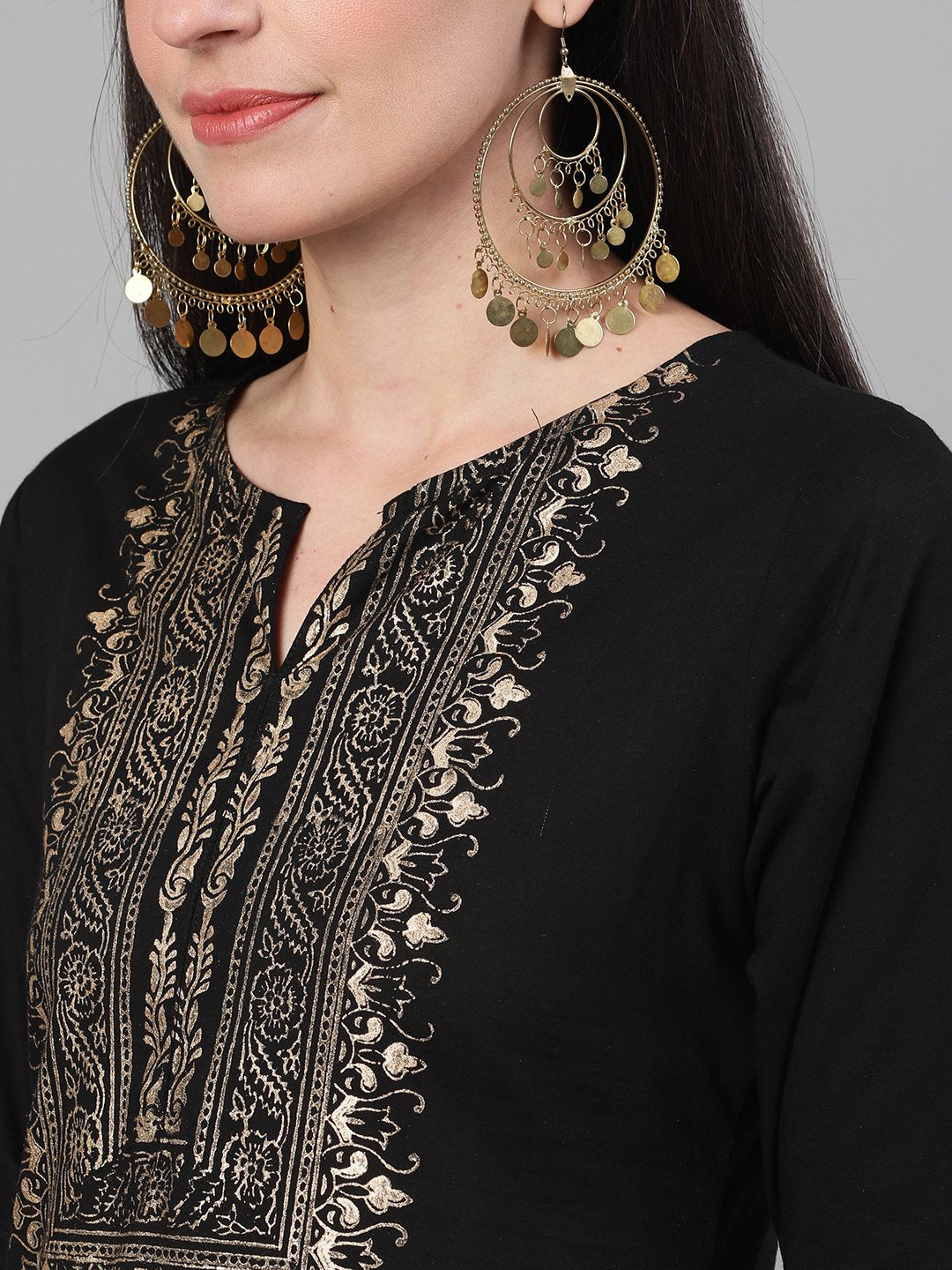 Women's Black Three-Quarter Sleeves Block Printed Straight Kurta With Palazzo And Pockets