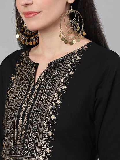 Women's Black Three-Quarter Sleeves Block Printed Straight Kurta With Palazzo And Pockets