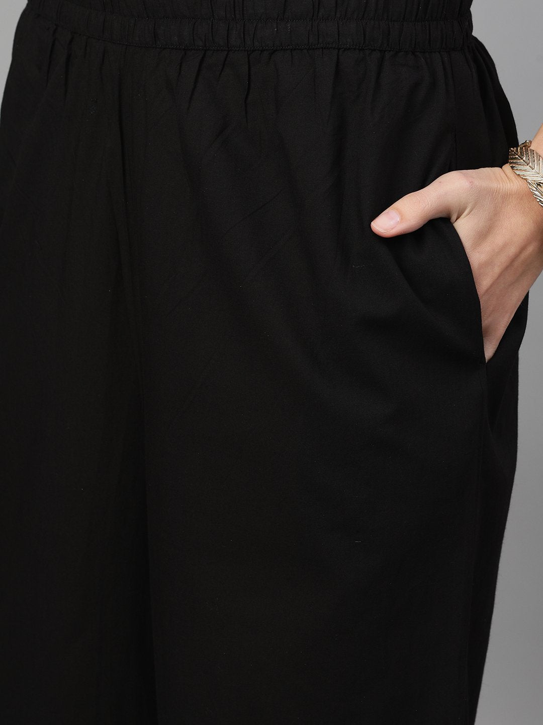 Women's Black Three-Quarter Sleeves Block Printed Straight Kurta With Palazzo And Pockets
