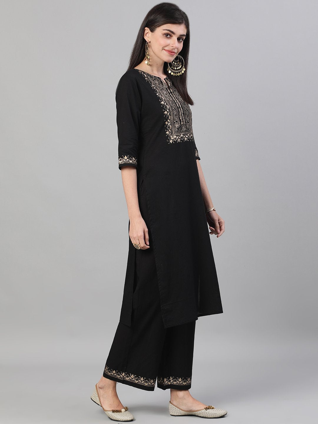 Women's Black Three-Quarter Sleeves Block Printed Straight Kurta With Palazzo And Pockets