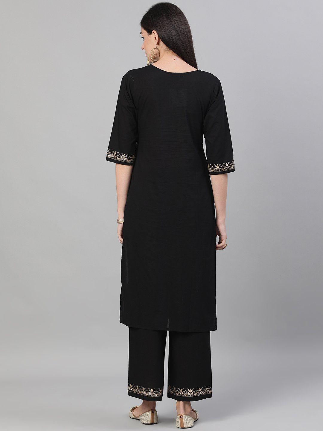 Women's Black Three-Quarter Sleeves Block Printed Straight Kurta With Palazzo And Pockets