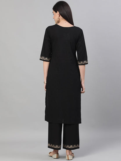 Women's Black Three-Quarter Sleeves Block Printed Straight Kurta With Palazzo And Pockets