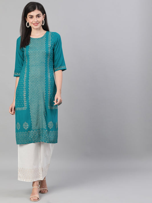 Women's Rama Green And White Three-Quarter Sleeves Block Printed Straight Kurta With Palazzo And Pockets