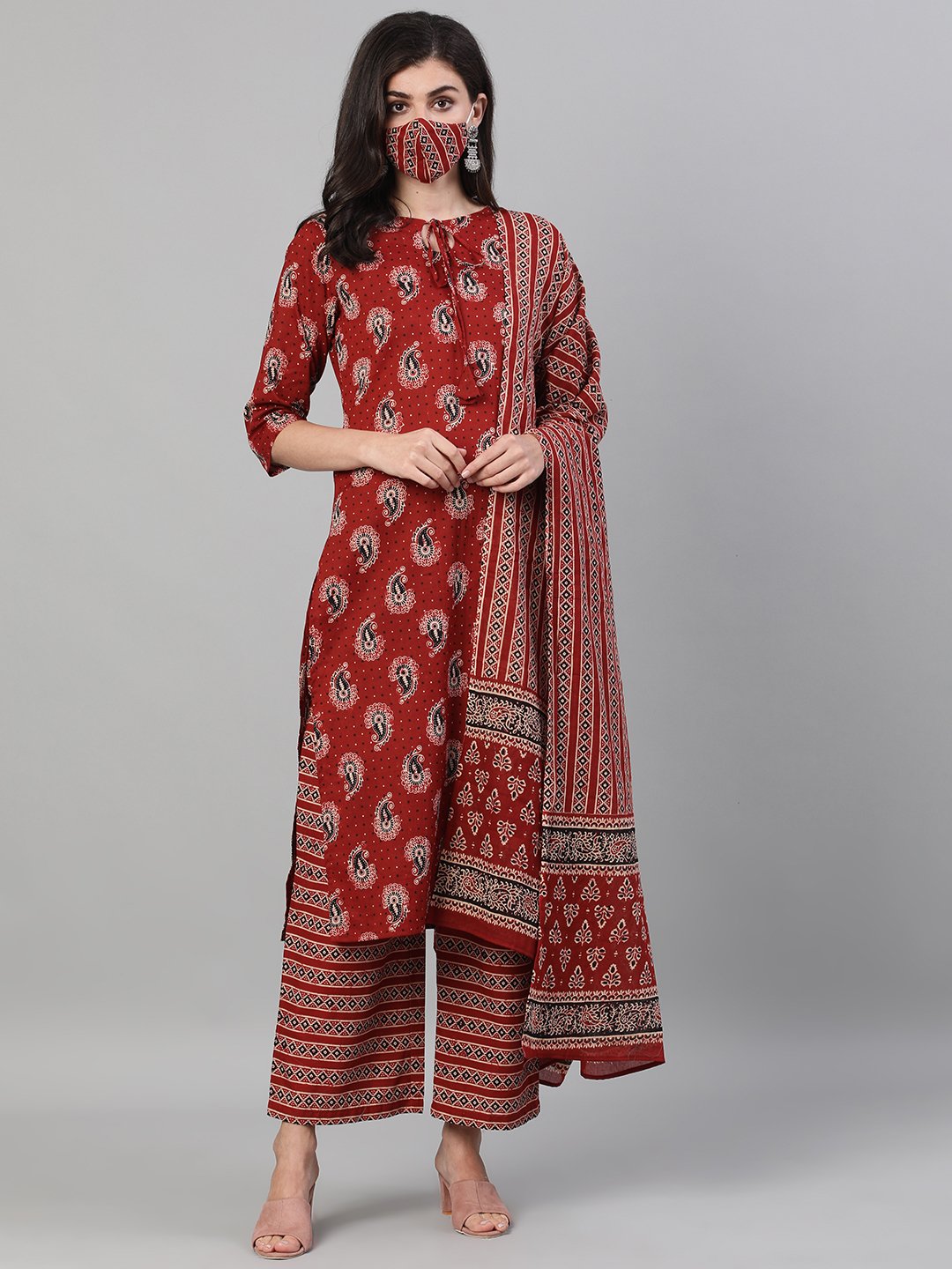 Women's Maroon And Black Three-Quarter Sleeves Printed Kurta-Palazzo With Pockets Dupatta And Fask Mask