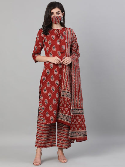 Women's Maroon And Black Three-Quarter Sleeves Printed Kurta-Palazzo With Pockets Dupatta And Fask Mask