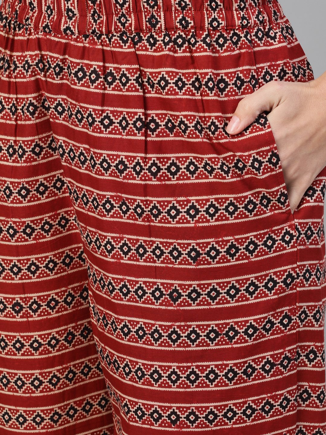 Women's Maroon And Black Three-Quarter Sleeves Printed Kurta-Palazzo With Pockets Dupatta And Fask Mask