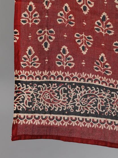 Women's Maroon And Black Three-Quarter Sleeves Printed Kurta-Palazzo With Pockets Dupatta And Fask Mask