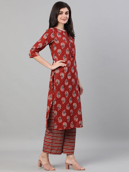 Women's Maroon And Black Three-Quarter Sleeves Printed Kurta-Palazzo With Pockets Dupatta And Fask Mask