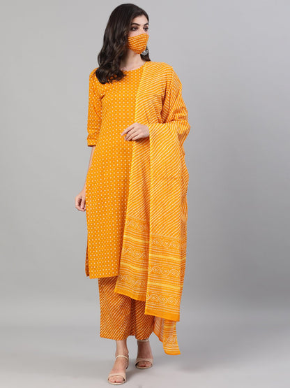 Women's Yellow Three-Quarter Sleeves Printed Kurta-Palazzo With Pockets Dupatta And Fask Mask