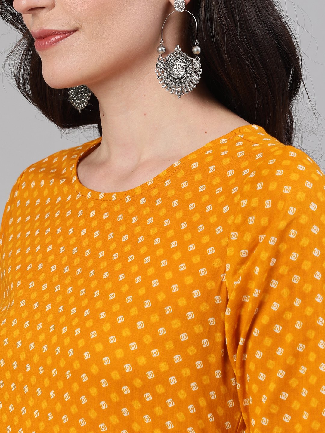 Women's Yellow Three-Quarter Sleeves Printed Kurta-Palazzo With Pockets Dupatta And Fask Mask