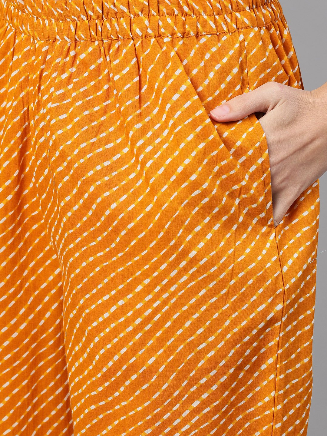 Women's Yellow Three-Quarter Sleeves Printed Kurta-Palazzo With Pockets Dupatta And Fask Mask