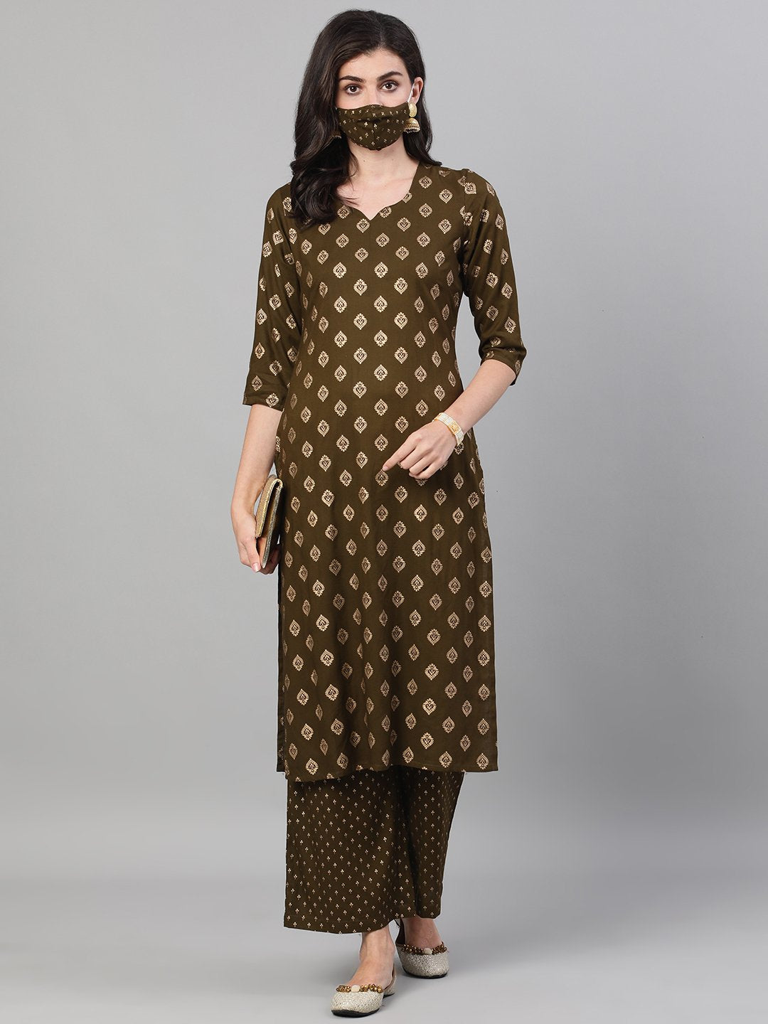 Women's Mehendi Green Three-Quarter Sleeves Gold Printed Kurta-Palazzo With Pockets And Fask Mask