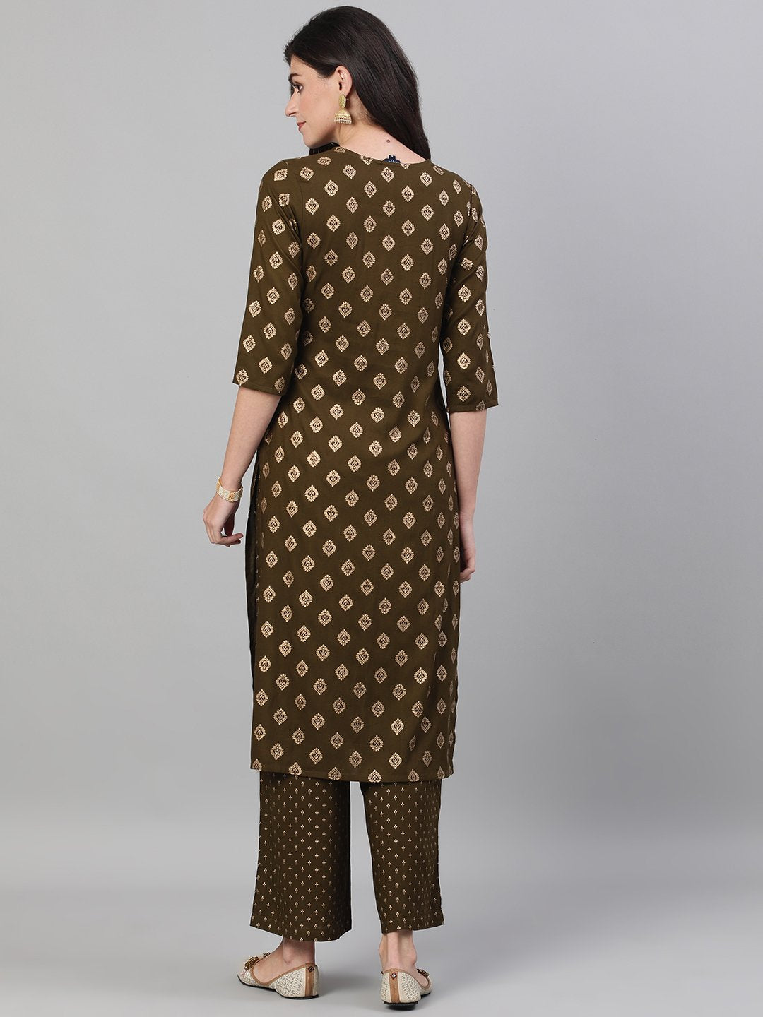 Women's Mehendi Green Three-Quarter Sleeves Gold Printed Kurta-Palazzo With Pockets And Fask Mask