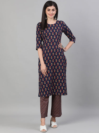 Women's Blue Three-Quarter Sleeves Floral Printed Kurta And Palazzo With Pockets