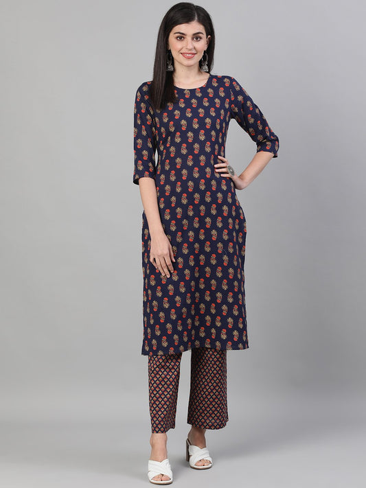 Women's Blue Three-Quarter Sleeves Floral Printed Kurta And Palazzo With Pockets
