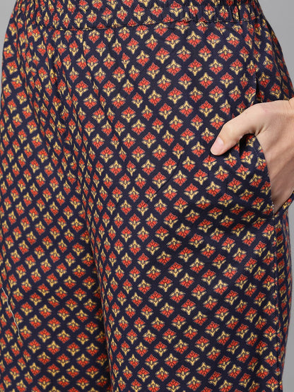 Women's Blue Three-Quarter Sleeves Floral Printed Kurta And Palazzo With Pockets