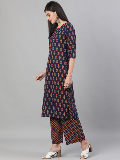 Women's Blue Three-Quarter Sleeves Floral Printed Kurta And Palazzo With Pockets