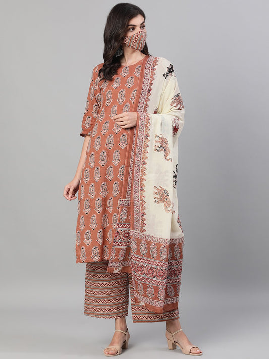 Women's Rose Gold Three-Quarter Sleeves Printed Kurta-Palazzo With Pockets Dupatta And Face Mask