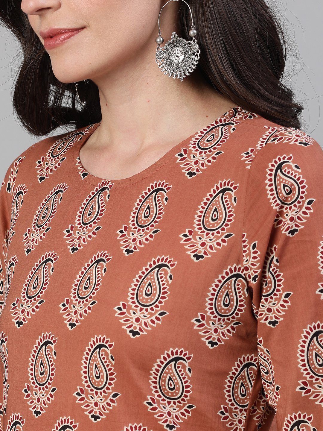 Women's Rose Gold Three-Quarter Sleeves Printed Kurta-Palazzo With Pockets Dupatta And Face Mask