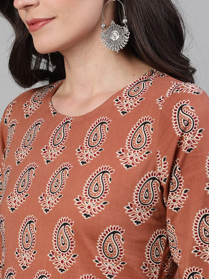 Women's Rose Gold Three-Quarter Sleeves Printed Kurta-Palazzo With Pockets Dupatta And Face Mask