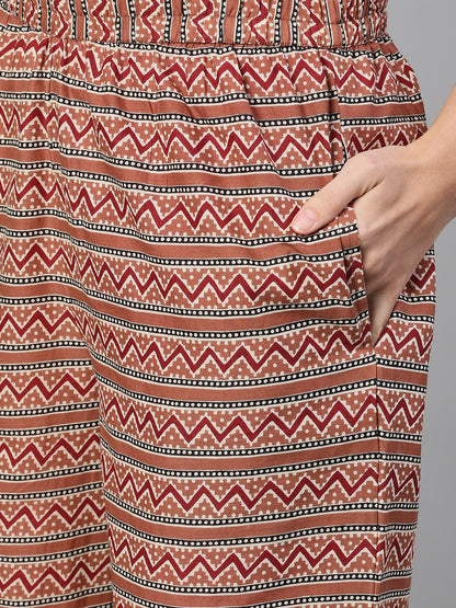 Women's Rose Gold Three-Quarter Sleeves Printed Kurta-Palazzo With Pockets Dupatta And Face Mask
