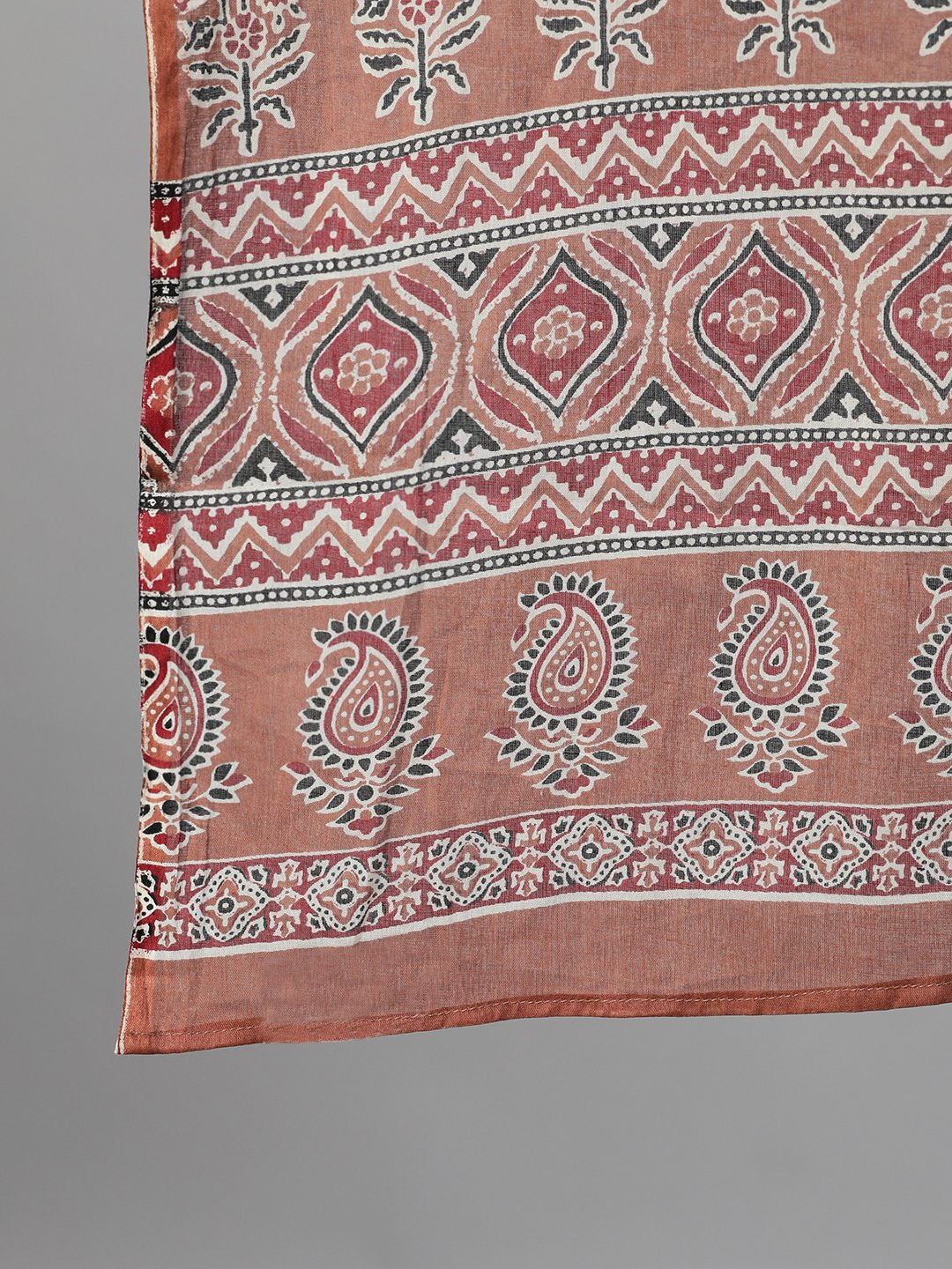 Women's Rose Gold Three-Quarter Sleeves Printed Kurta-Palazzo With Pockets Dupatta And Face Mask
