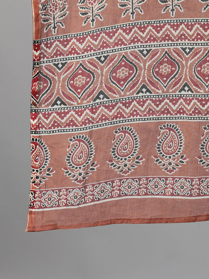 Women's Rose Gold Three-Quarter Sleeves Printed Kurta-Palazzo With Pockets Dupatta And Face Mask