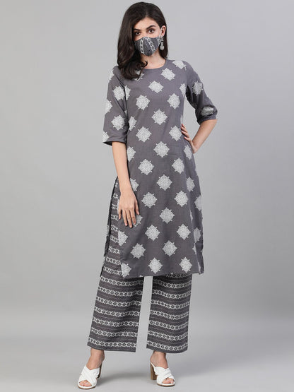 Women's Steel Grey Three-Quarter Sleeves Printed Kurta-Palazzo With Pockets And Face Mask