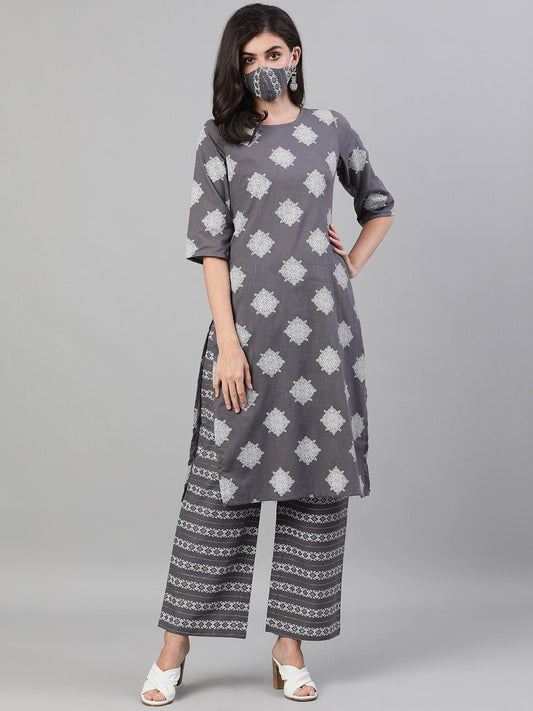 Women's Steel Grey Three-Quarter Sleeves Printed Kurta-Palazzo With Pockets And Face Mask