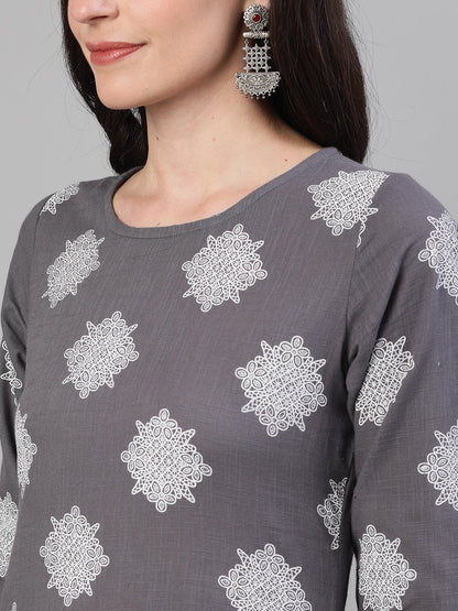 Women's Steel Grey Three-Quarter Sleeves Printed Kurta-Palazzo With Pockets And Face Mask