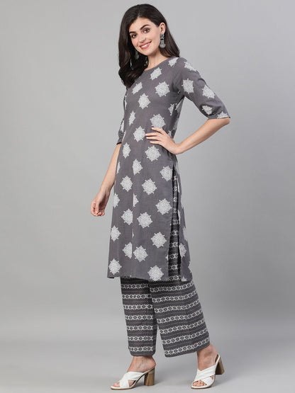 Women's Steel Grey Three-Quarter Sleeves Printed Kurta-Palazzo With Pockets And Face Mask