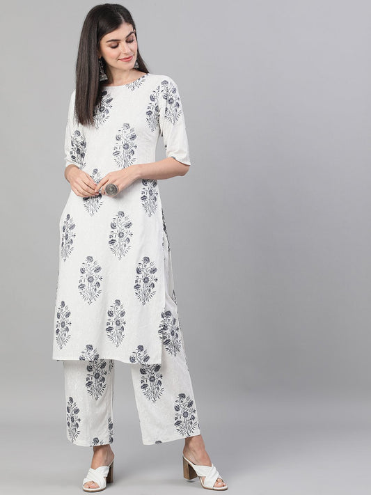 Women's White And Blue Three-Quarter Sleeves Printed Kurta-Palazzo With Pockets