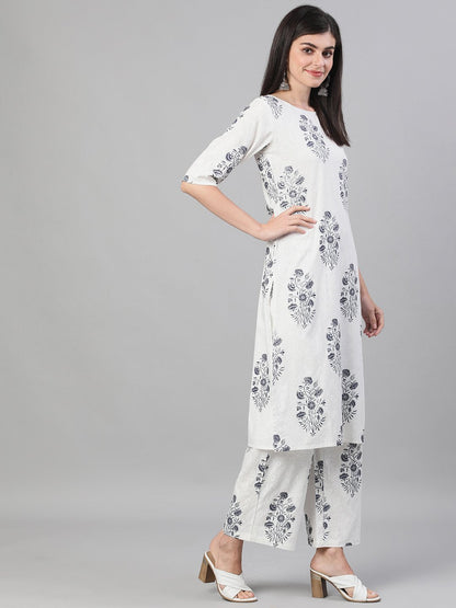 Women's White And Blue Three-Quarter Sleeves Printed Kurta-Palazzo With Pockets