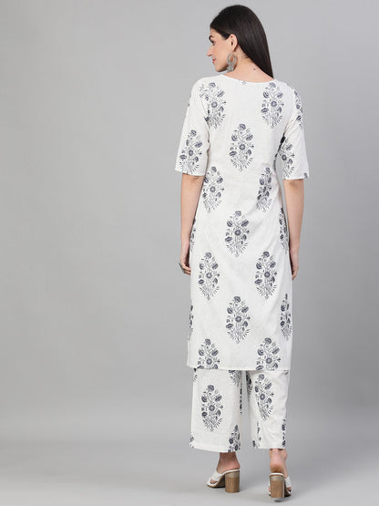 Women's White And Blue Three-Quarter Sleeves Printed Kurta-Palazzo With Pockets
