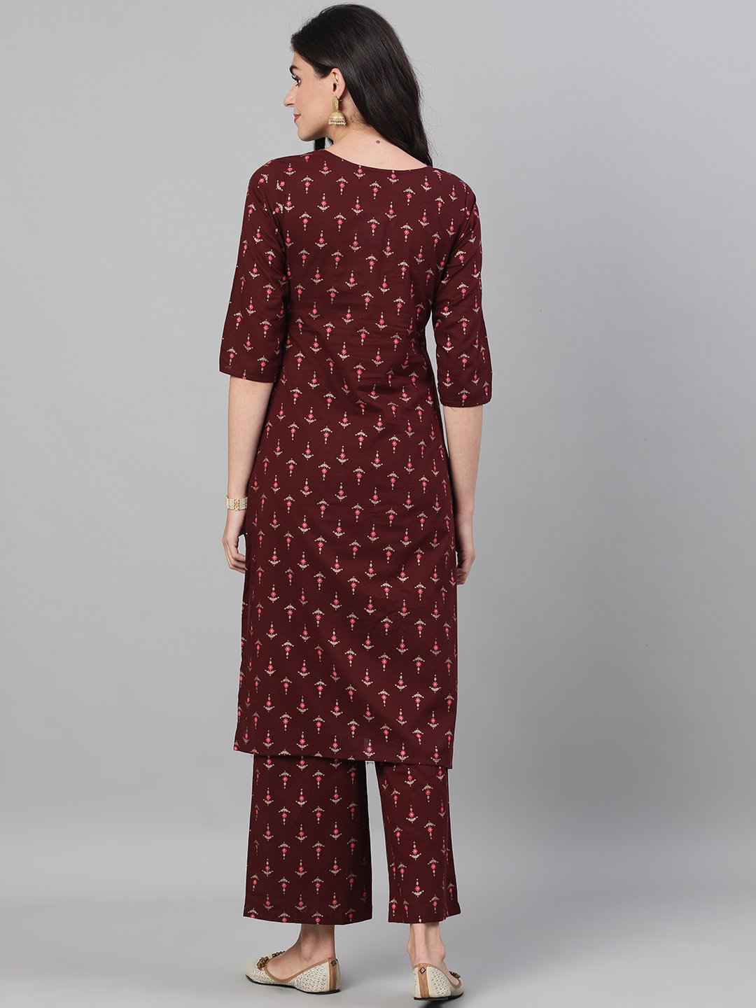 Women's Wine Three-Quarter Sleeves Printed Kurta-Palazzo with pockets and Face Mask
