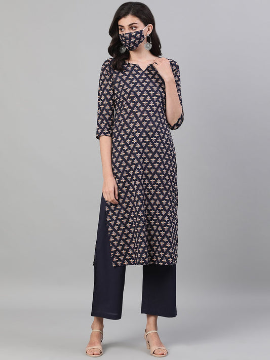 Women's Black Three-Quarter Sleeves Printed Kurta-Palazzo With Pockets And Face Mask