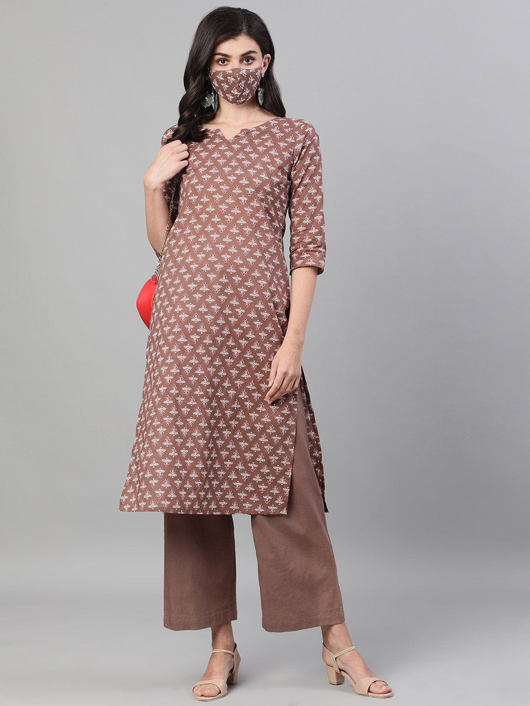Women's Brown Three-Quarter Sleeves Printed Kurta-Palazzo With Pockets And Face Mask