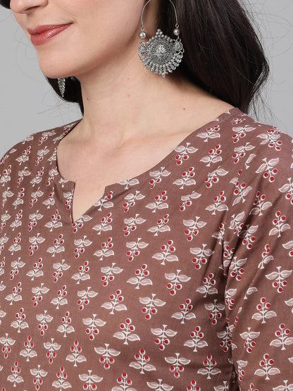 Women's Brown Three-Quarter Sleeves Printed Kurta-Palazzo With Pockets And Face Mask