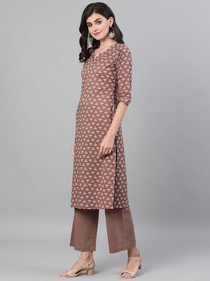 Women's Brown Three-Quarter Sleeves Printed Kurta-Palazzo With Pockets And Face Mask