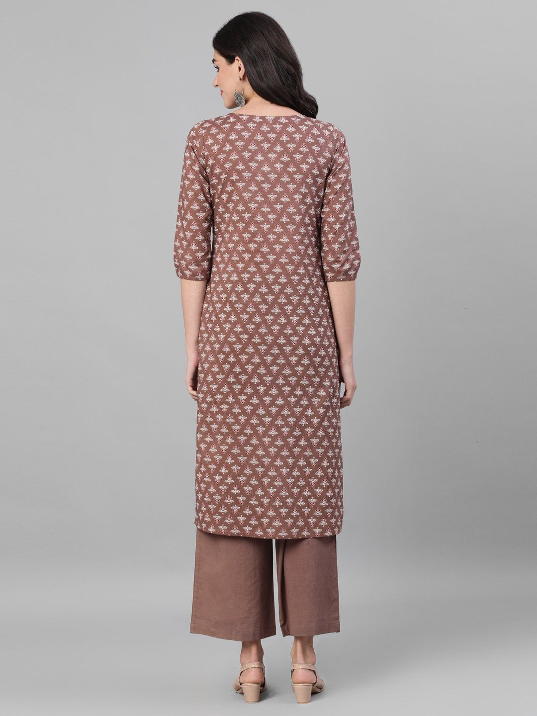 Women's Brown Three-Quarter Sleeves Printed Kurta-Palazzo With Pockets And Face Mask