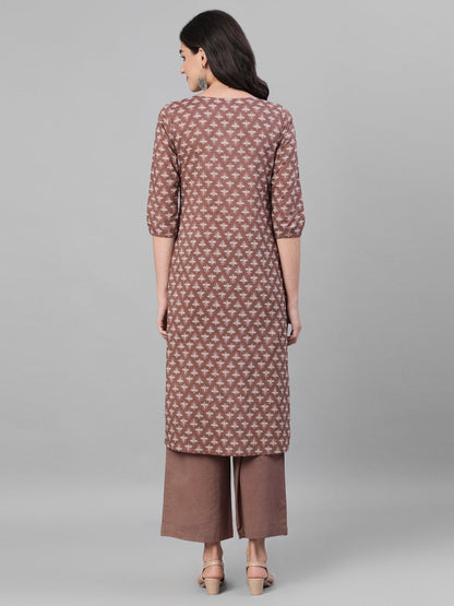 Women's Brown Three-Quarter Sleeves Printed Kurta-Palazzo With Pockets And Face Mask