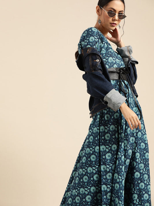 Women's Indigo Floral Printed Flared Dress With Round Neck & Three Quarters Sleeves